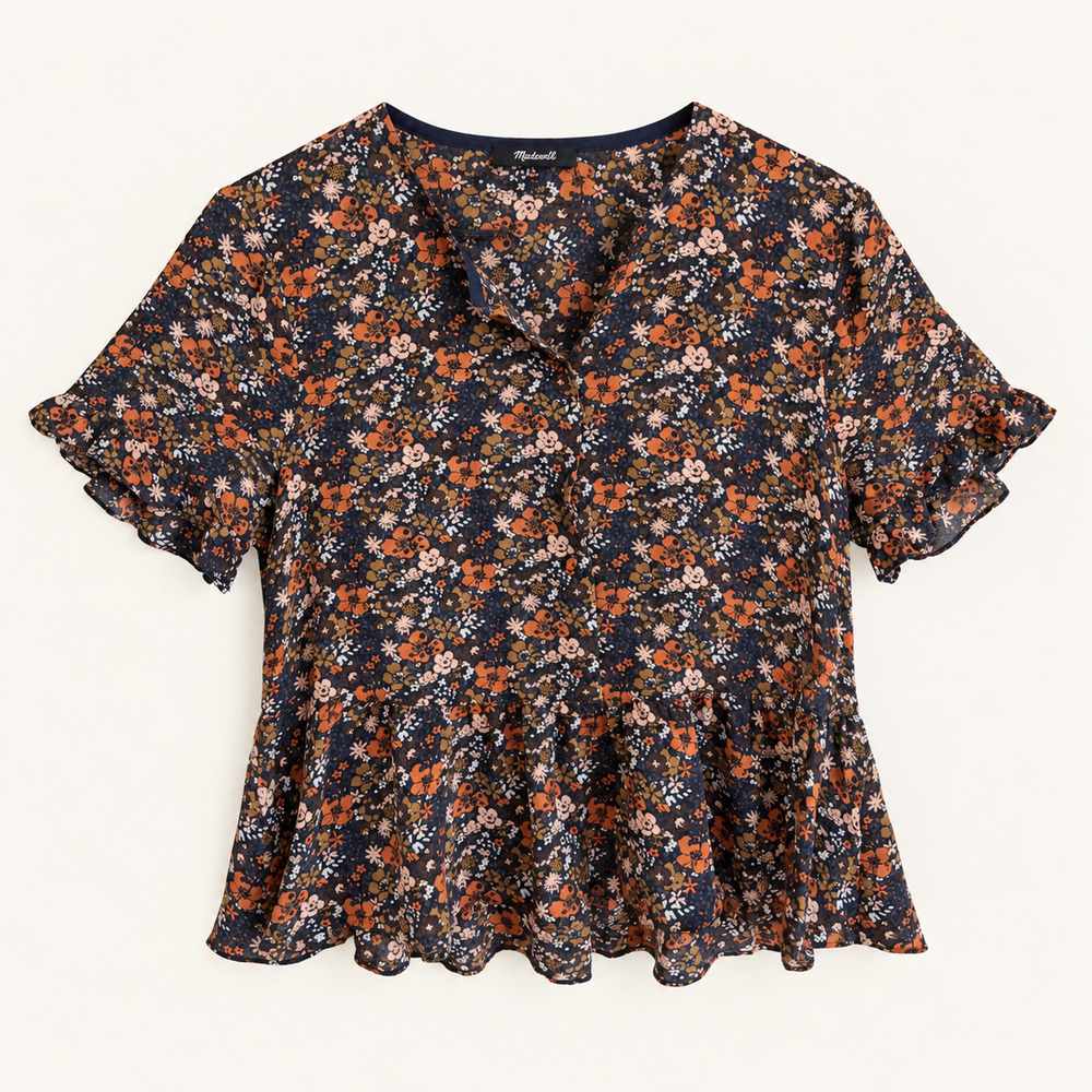Madewell 100% Silk Floral Peplum Blouse Flutter Sleeve Navy Size L